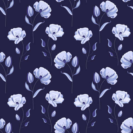Seamless pattern, delicate blue flowers on a blue background. Print, textile, wallpaper, decor for pastel linenのイラスト素材