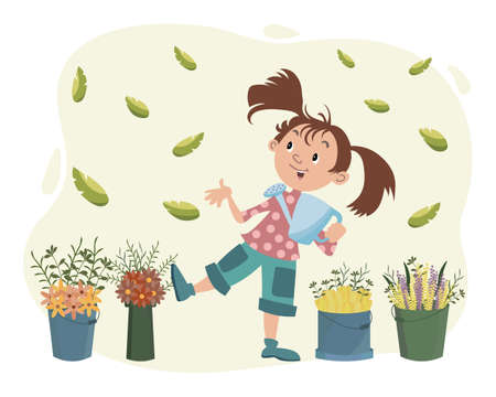 Children's gardening illustration, cute cheerful girl with a watering can and different flowers in vases and buckets. Kids print, gardening concept, posterのイラスト素材