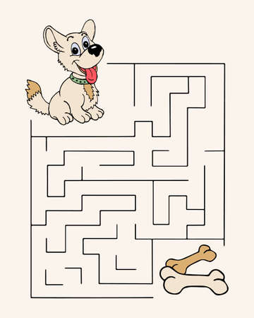 Educational maze for kids, hand drawn puppy and bones. Cheerful puppy. Baby illustration, vectorのイラスト素材
