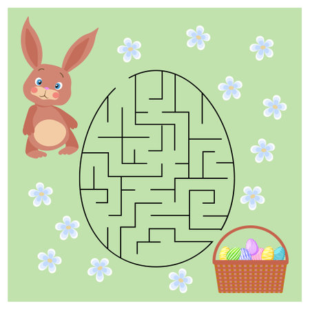 Educational maze for children in the shape of an egg, a cute bunny and a basket with Easter eggs. Baby preschool illustration, education concept, vectorのイラスト素材
