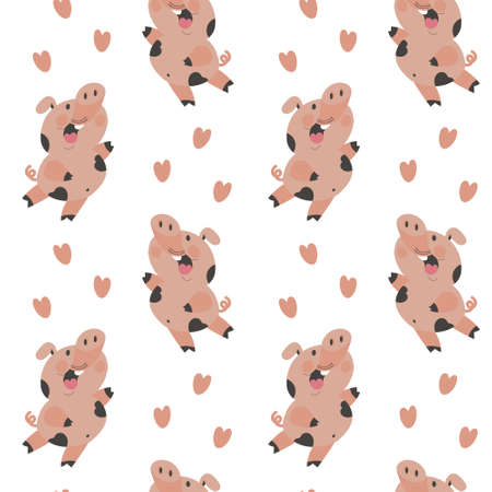 Seamless pattern for children, funny cartoon pigs and hearts on a white background. Print for children, textile, wallpaper, bedroom decorのイラスト素材