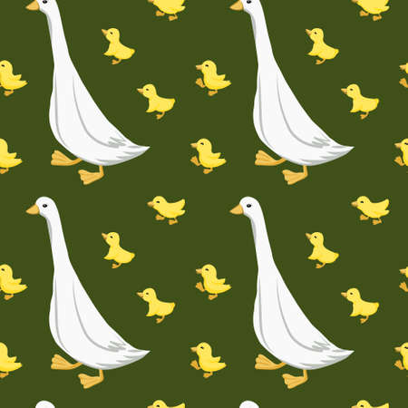 Seamless pattern, goose birds and yellow goslings on a green background. Print for children, textile, wallpaper, bedroom decorのイラスト素材