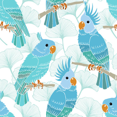 Seamless pattern, parrot birds on a background of ginkgo leaves, turquoise shades. Print, textile, wallpaper, bedroom decorのイラスト素材