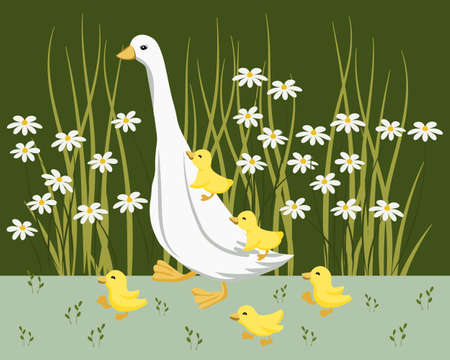 Illustration, bird goose and yellow goslings on a green background with daisies. Print for kids, wallpaper, bedroom decorのイラスト素材