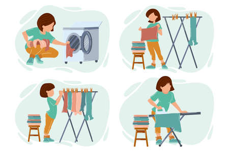 A set of illustrations, washing and ironing clothes. A young woman washes, dries and irons clothes. Housewife is doing housework. Vectorのイラスト素材