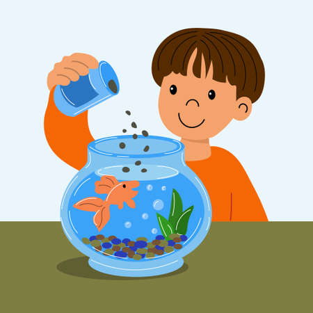 Children's illustration, a cute boy feeds a golden fish in a glass aquarium. Cartoon flat illustration. Pet care concept. Vectorのイラスト素材
