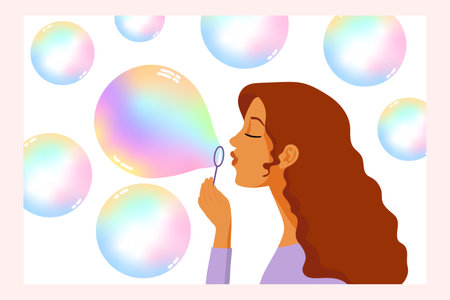 Illustration, fashion girl and colorful soap bubbles. The girl blows soap bubbles. Print, clip art, baby postcardのイラスト素材
