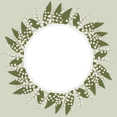 Illustration, round frame made of drawn flowers of lilies of the valley. Pastel colors. Print, postcard, invitation, vectorのイラスト素材
