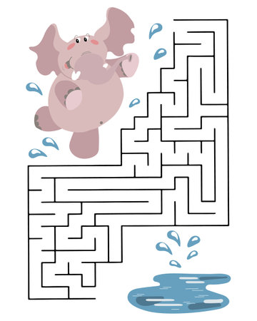 Educational maze for kids, cute cheerful baby elephant and splash lake. Baby preschool illustration, education concept, vectorのイラスト素材