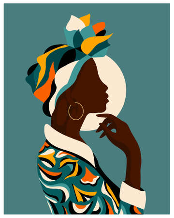 African woman in a colorful national headdress and dress. Illustration, poster, wall art, vectorのイラスト素材