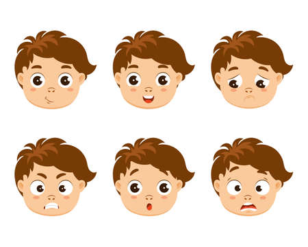 A set of emotions, the face of a funny little boy with different emotions, joy, anger, resentment and others. Print, icons, stickers for kidsのイラスト素材