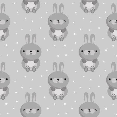 Seamless pattern, cute gray baby bunnies on a gray background with stars. Children's print, textile, wallpaper, decor for packagingのイラスト素材