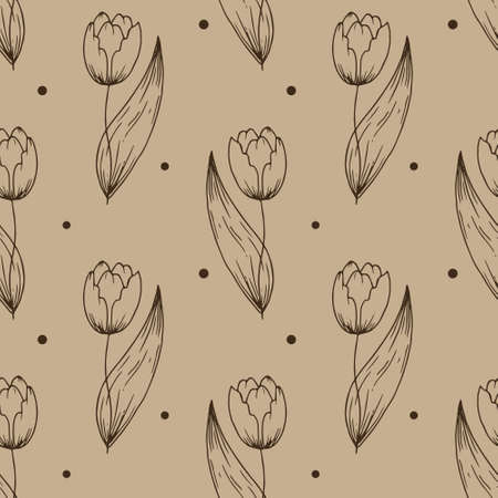 Seamless pattern, hand drawn outline flowers in doodle style. Beige, brown, white colors. Print, textile, bedroom and kitchen decor, wallpaperのイラスト素材