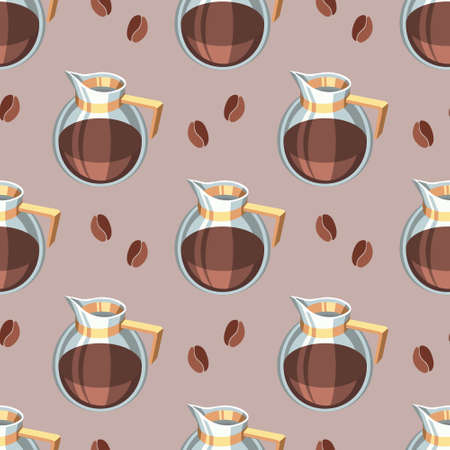 Seamless pattern, glass jugs with coffee and coffee beans on a beige background. Print, textile, wallpaper, decorのイラスト素材