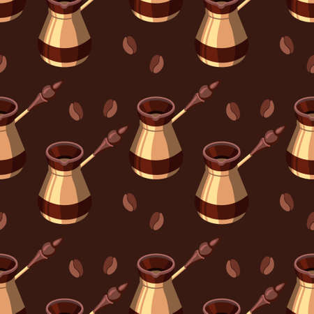 Seamless pattern, Turkish coffee turks and coffee beans on a brown background. Print, textile, wallpaper, decorのイラスト素材