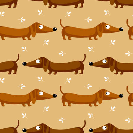 Seamless pattern, cute dachshund dogs and leaves on a brown background. Happy concept, colorful background, print, textileのイラスト素材