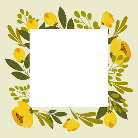 Square frame for text, decorated with yellow poppy flowers and branches with leaves. Illustration, postcard, wedding invitationのイラスト素材