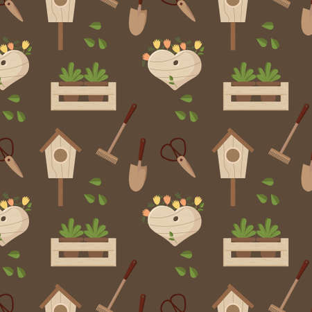 Gardening, seamless pattern, wooden birdhouse, box with plants and flowers and tools on a brown background Print, textile, design for decorのイラスト素材