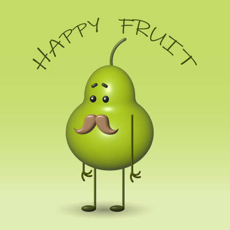 3d illustration, funny green pear with a mustache on a background with text. Cartoon illustration, clip art, modern conceptのイラスト素材