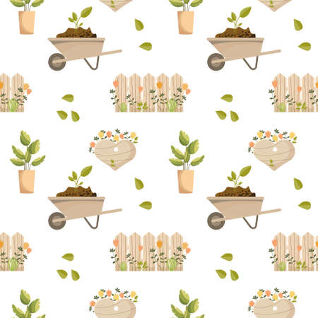 Gardening seamless pattern, wooden fence, heart sign, plant pot and garden cart on white background Print, textile, design for decorのイラスト素材