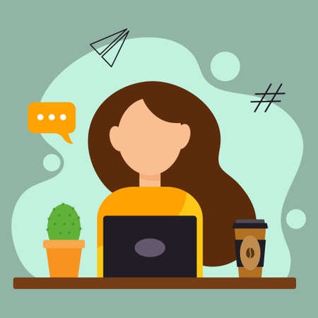 Illustration, young girl freelancer with laptop, cactus and coffee cup. Online work concept. Cartoon...