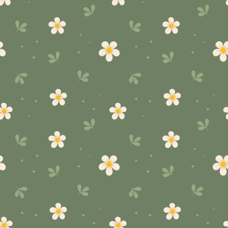Seamless pattern, cute little white daisies and leaves on a green background. Print, textile, wallpaper, bedroom and kitchen decorのイラスト素材