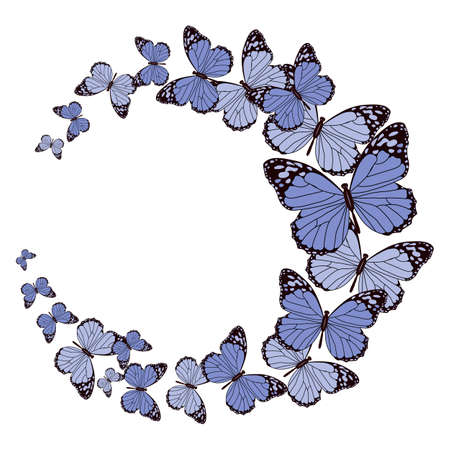 A wreath of drawn blue butterflies with a black outline on a white background. Print, invitation, postcardのイラスト素材
