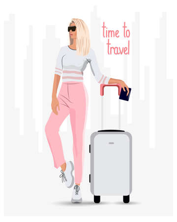 Travel illustration, a young beautiful girl with a suitcase and a passport on an abstract background and an inscription. Clip art, print, design for travel agenciesのイラスト素材