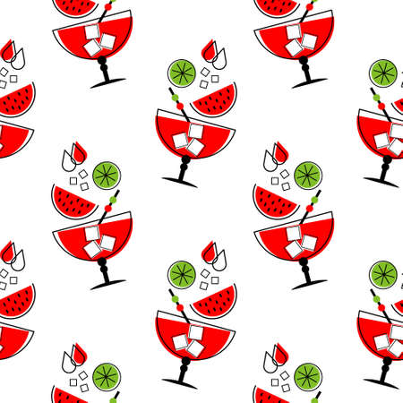 Seamless pattern, summer refreshing cocktails with watermelon, lime and ice in a glass. Print,...