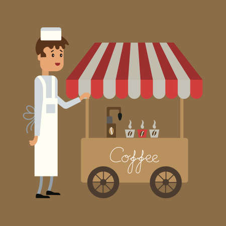 Illustration, a street coffee seller in an apron and a shop cart with coffee. Cartoon illustration, clip art, vectorのイラスト素材