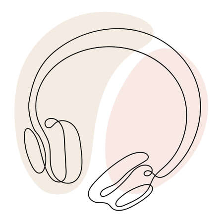 Line art, drawn contour headphones with abstract color spots in pastel shades. Sketch, iconのイラスト素材