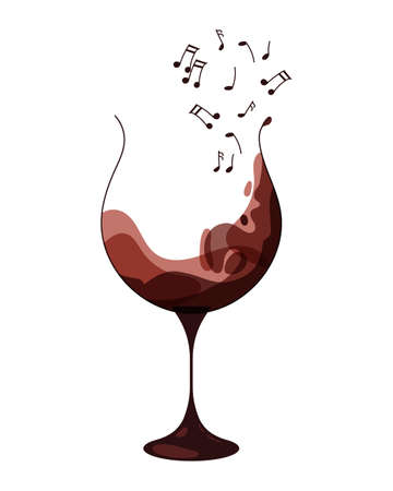 Illustration, glass with red wine and musical notes. Clip art, colorful design, iconのイラスト素材