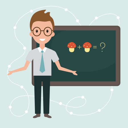 Illustration, young math teacher and school board on an abstract background. Profession illustration, clip art, posterのイラスト素材