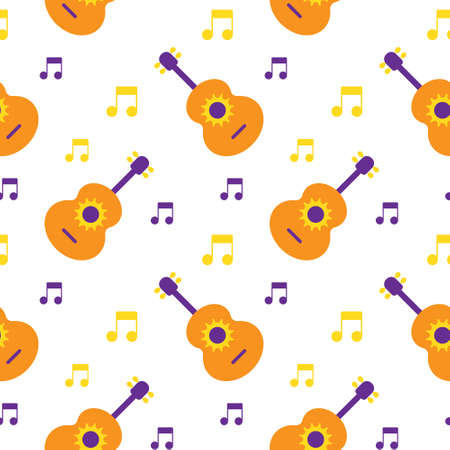 Seamless pattern, colorful guitars and musical notes on a white background, purple and orange colors. Geometric design, print, textile, wallpaperのイラスト素材