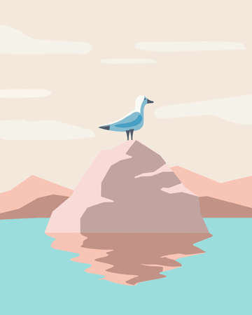 Summer illustration, seagull bird on a rock against the backdrop of a sea landscape. Clip art, print, posterのイラスト素材