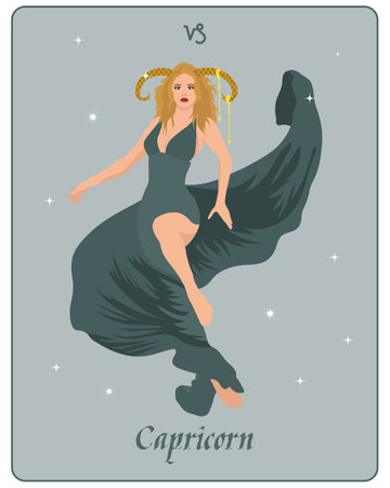 Astrological zodiac sign Capricorn, a beautiful magical woman with horns on a gentle background with stars. Poster, clip art, tarotのイラスト素材
