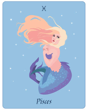 Astrological zodiac sign Pisces, beautiful magical woman mermaid on a gentle background with stars. Poster, clip art, tarotのイラスト素材