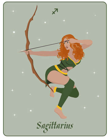 Astrological zodiac sign Sagittarius, a beautiful magical woman with a bow and arrow on a gentle background with stars. Poster, clip art, tarotのイラスト素材
