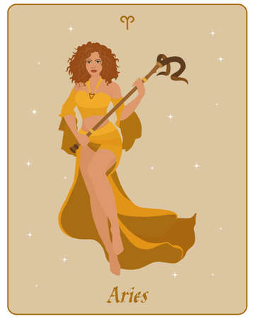 Astrological zodiac sign Aries, a beautiful magical woman with a staff with horns on a gentle background with stars. Poster, clip art, tarotのイラスト素材