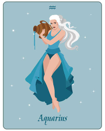 Astrological zodiac sign Aquarius beautiful magical woman with a jug of water on a gentle background with stars. Poster, clip art, tarotのイラスト素材