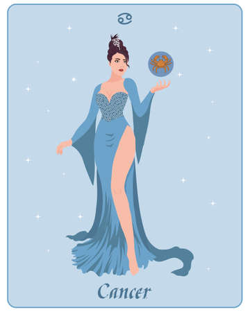 Astrological zodiac sign Cancer, a beautiful magical woman and a sphere with Cancer on a gentle background with stars. Poster, clip art, tarotのイラスト素材