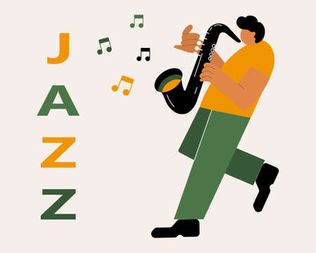 Musical illustration, jazzman with saxophone and Jazz text, green and yellow colors. Illustration for music concerts, jazz evenings, posterのイラスト素材