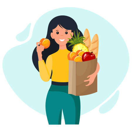 Illustration, cute woman with a package of groceries. Healthy food concept. Clip art, banner, posterのイラスト素材