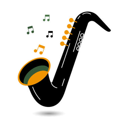 Musical illustration, black saxophone and music notes on a white background. logo icon vectorのイラスト素材
