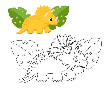 Cute yellow dinosaur and tropical leaves, illustration and sketch for coloring. Design for children's coloring book. vectorのイラスト素材