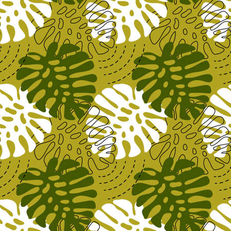 Seamless pattern, monstera leaves, green, white and outline on a mustard background. Print, textile, wallpaper, bedroom and kitchen decorのイラスト素材