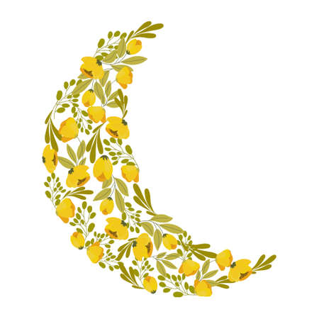 Moon from painted yellow flowers and leaves on a white background. Illustration, flower clip art, postcardのイラスト素材