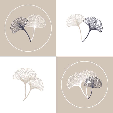 Outline ginkgo biloba leaves, postcard set, minimal design, pastel colors. Print, poster, vectorのイラスト素材