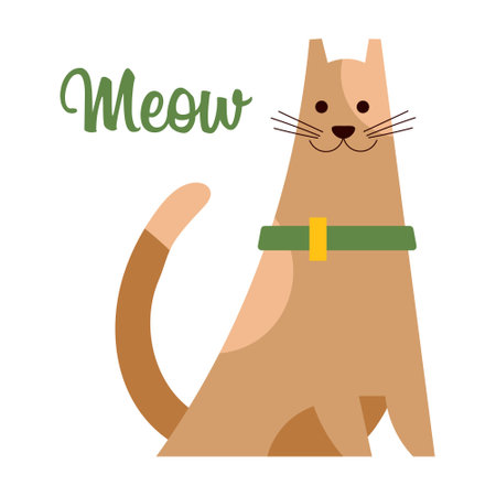 Illustration, cute cat with a collar and text Meow. Children's print, postcard, bedroom and clothing decorのイラスト素材