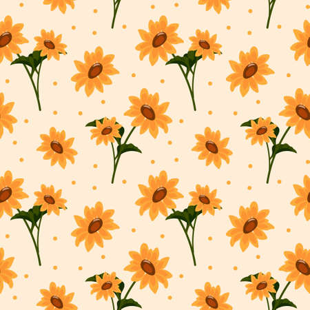 Seamless pattern, colorful yellow sunflowers with leaves on a light background. print, textile,...